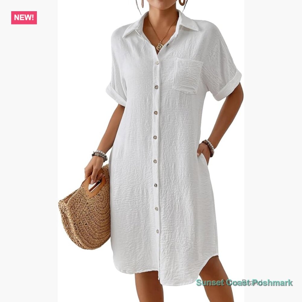 Button Down Beach Coverup Dress with Pockets Recycled Material